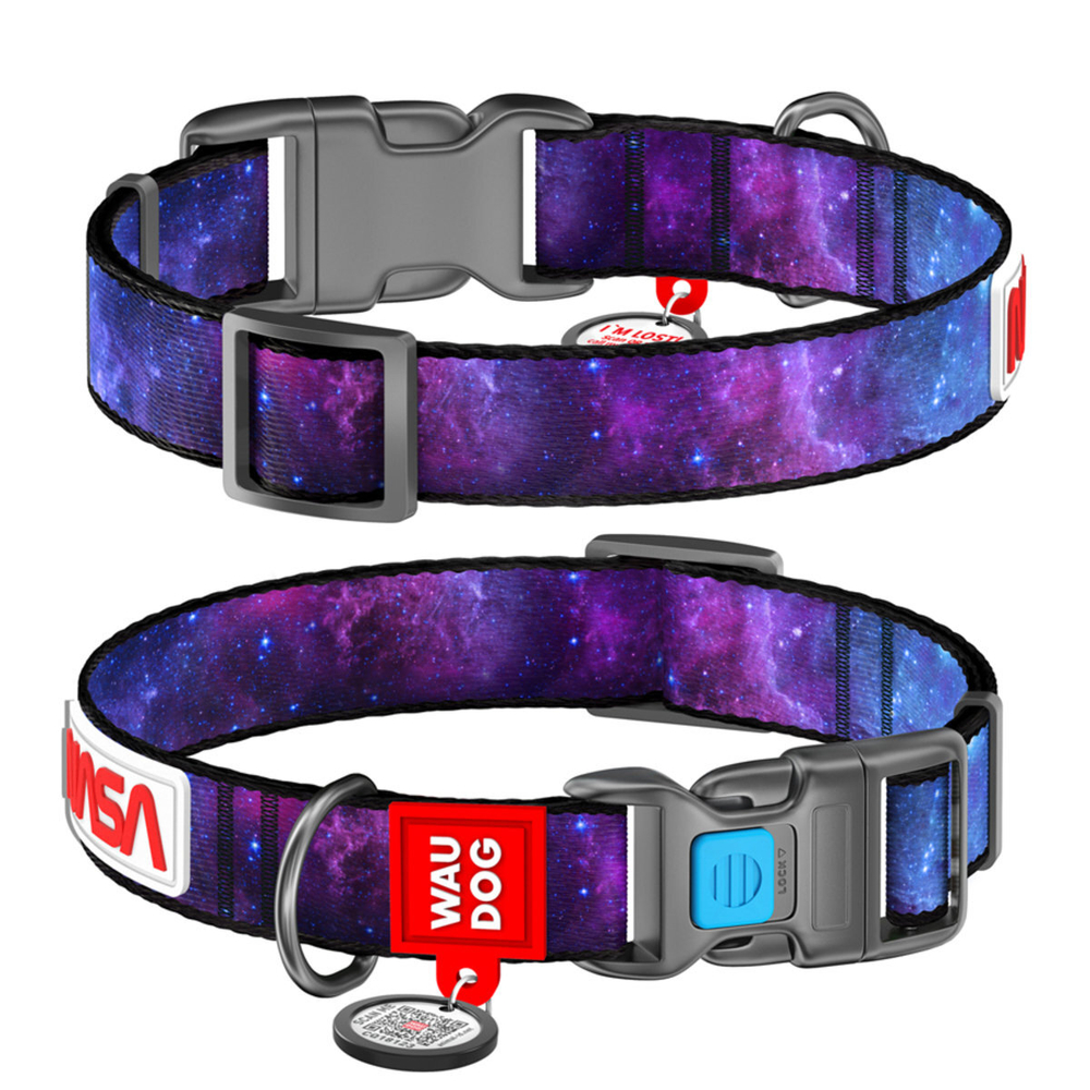 Ошейник для собак нейлоновый WAUDOG Nylon c QR-паспортом, "NASA21", пластиковый фастекс, XL, Ш 25 мм, Дл 35-58 см