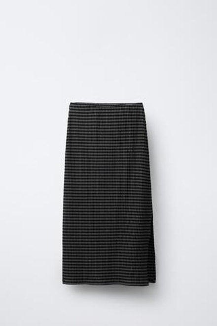 ZARA ЮБКА МИДИ С ТЕКСТУРОЙ В ПОЛОСКУ, ЧЕРНЫЙ