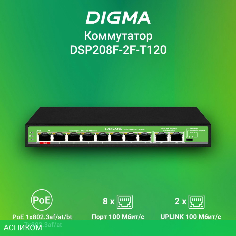 Коммутатор Digma DSP208F-2F-T120 V1