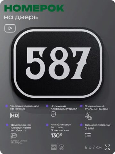 Номерок на дверь квартиры 587, для кабинета, офиса, шильдик 9 х 7 см, черный, Айдентика Технолоджи