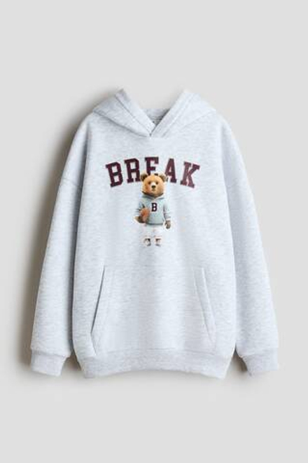 H&M Толстовка с капюшоном и принтом, светло-серый меланж