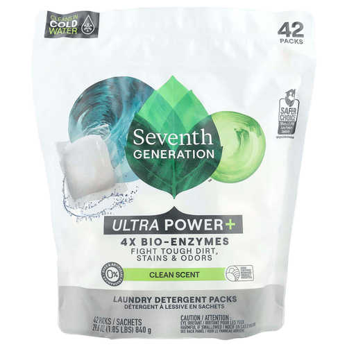 Seventh Generation, Пакеты с моющим средством для стирки, Ultra Power +, чистый аромат, 42 упаковки, 840 г (29,6 унции)