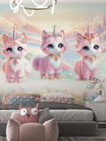 Детские 3D Фотообои розовые коты-единороги