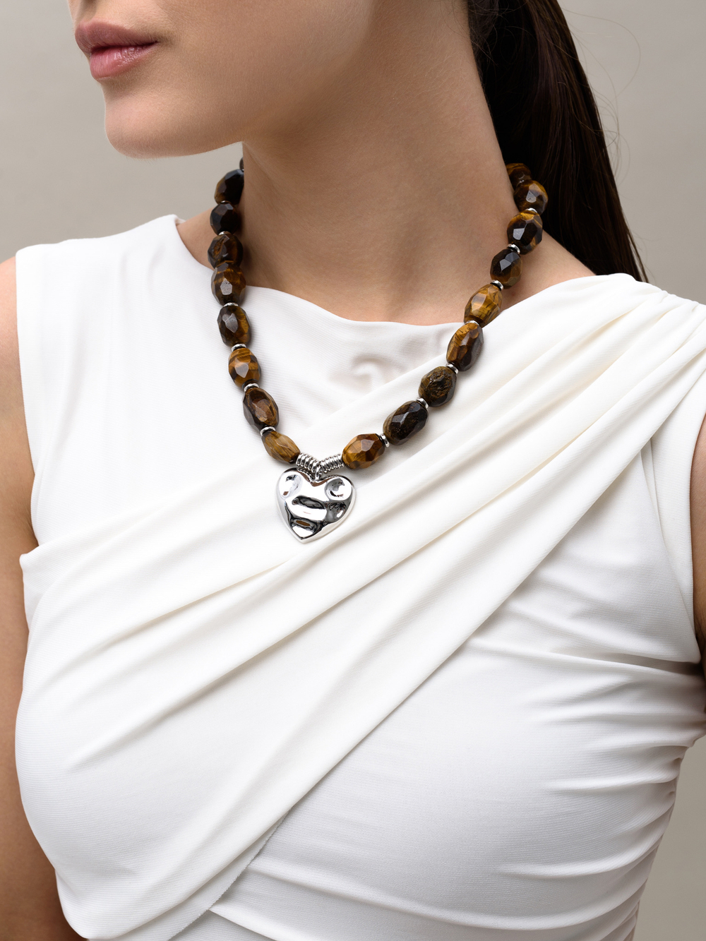 Колье "Crumpled Heart" Тигровый глаз Silver