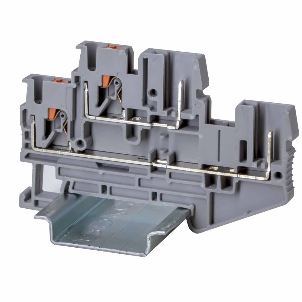 Клемма двухуровневая проходная под вставной штекер, зажим push-in, 4точки подключения, с перемычкой между уровнями, 2.5 кв.мм, серая