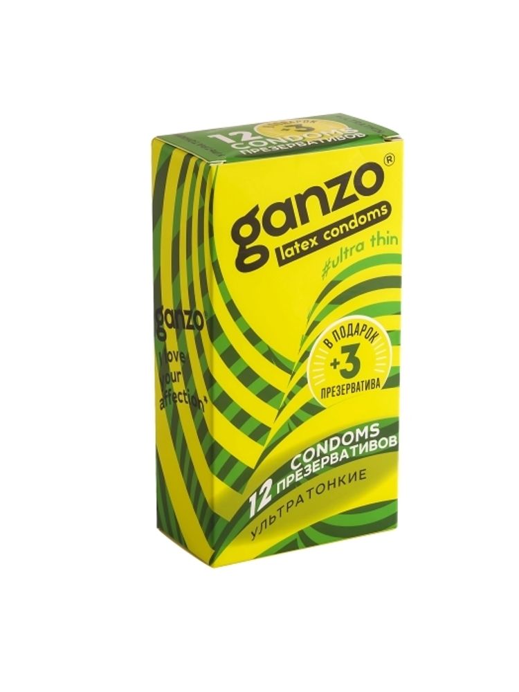 Презервативы Ganzo Ultra thin, ультратонкие, латекс, 18 см, 12 шт + 3 шт