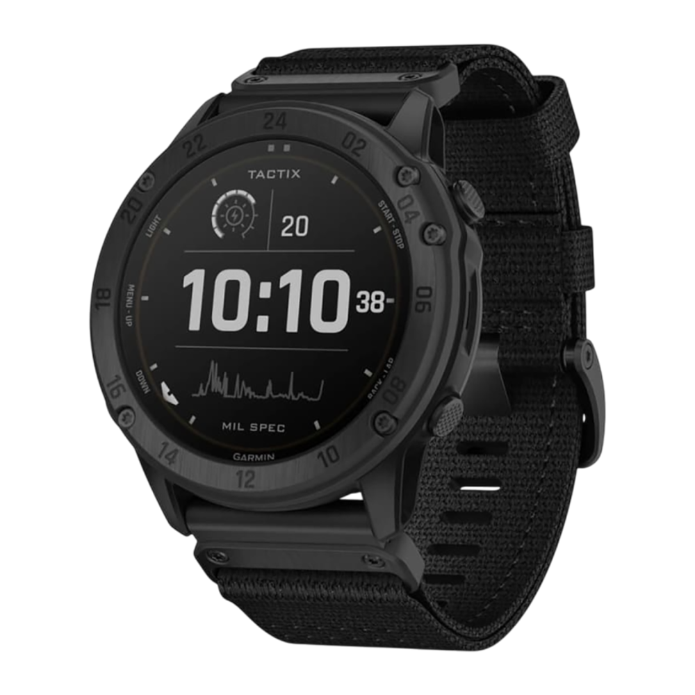 Спортивные часы Garmin tactix Delta Solar Edition, чёрный нейлоновый ремешок, чёрный силиконовый ремешок Безель из стали с DLC-покрытием, дисплей Solar со стеклом Power Sapphire. Нейлоновый ремешок и силиконовый ремешок с классическими застёжками — на зап