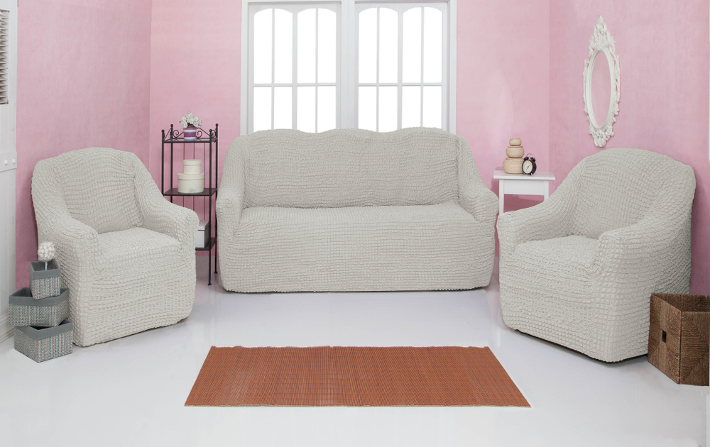 Комплект чехлов на диван и 2 кресла без оборки, цвет Кремовый