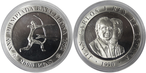 2000 песет 1990 Испания. XXV Летние Олимпийские игры, Барселона 1992 -Стрельба из лука. Серебро PROOF в родной коробке