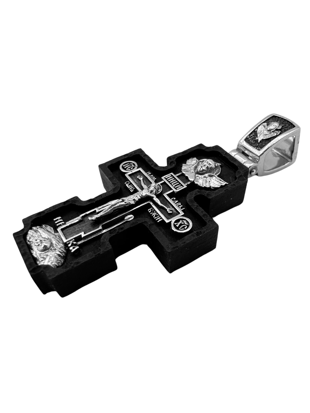 Крест деревянный с элементами серебра "Распятие.Архангел Михаил.Молитва Ангелу Хранителю"