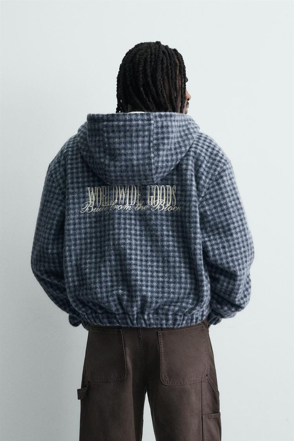 ZARA КУРТКА-РУБАШКА В КЛЕТКУ С ВЫШИВКОЙ И КАПЮШОНОМ, СИНИЙ/ЧЕРНЫЙ