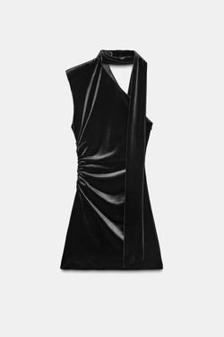 ZARA КОРОТКОЕ БАРХАТНОЕ ПЛАТЬЕ С ШАРФОМ, ЧЕРНЫЙ