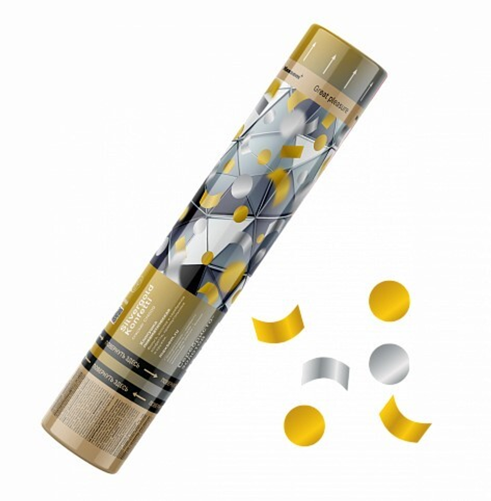 CM009 Пневмохлопушка "Silvergold Konfetti" (прямоугольные и круглые конфетти) (30 см.) (1 штука)