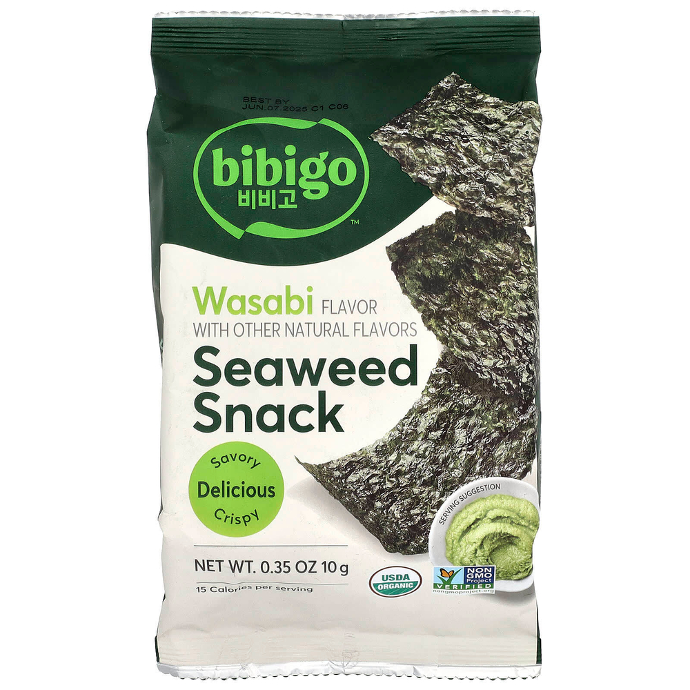 Bibigo, Снеки из морских водорослей, васаби, 10 г (0,35 унции)