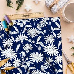 Ткань премиум таффета белые цветы на темно-синем