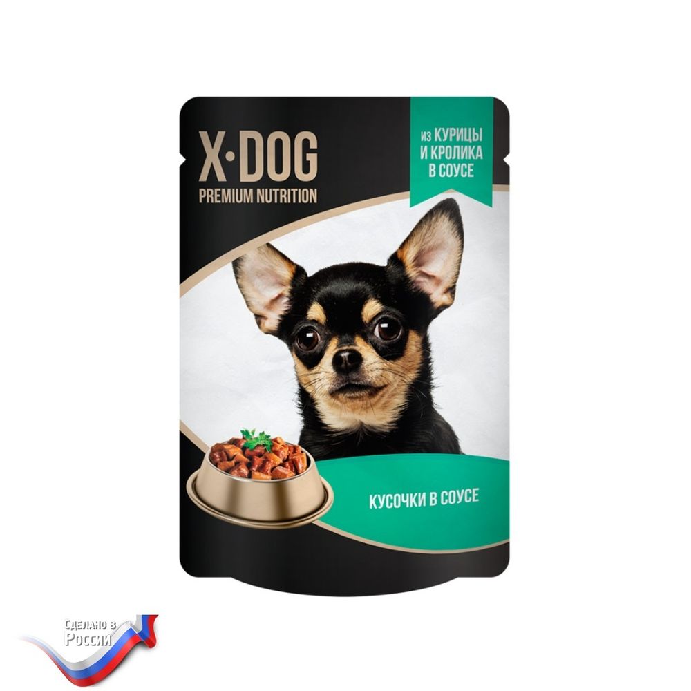 X-Dog из курицы и кролика в соусе Корм консервированный полнорационный X-DOG для взрослых собак. Кусочки в соусе из курицы и кролика.24 шт по 85г.