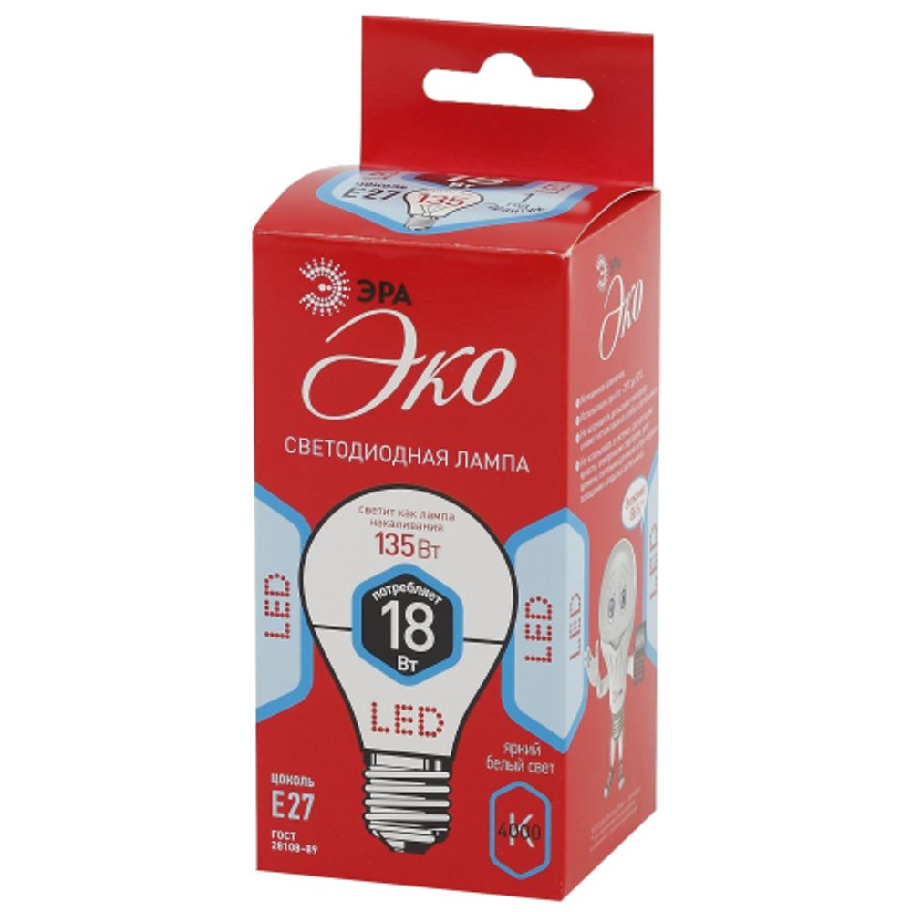 Лампа светодиодная ЭРА RED LINE ECO LED A65-18W-840-E27 18Вт груша нейтральный белый свет Е27 | Лампы cветодиодные Груша (A)