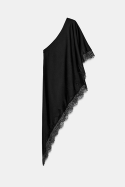 ZARA АСИММЕТРИЧНЫЙ ТОП С КРУЖЕВОМ — ZW COLLECTION, ЧЕРНЫЙ