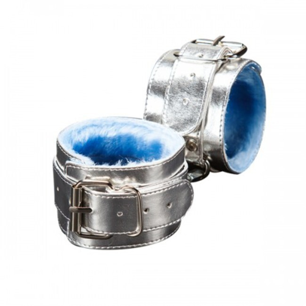 Наручники с синим мехом из искусственной кожи (Цвет: серебристый с синим)