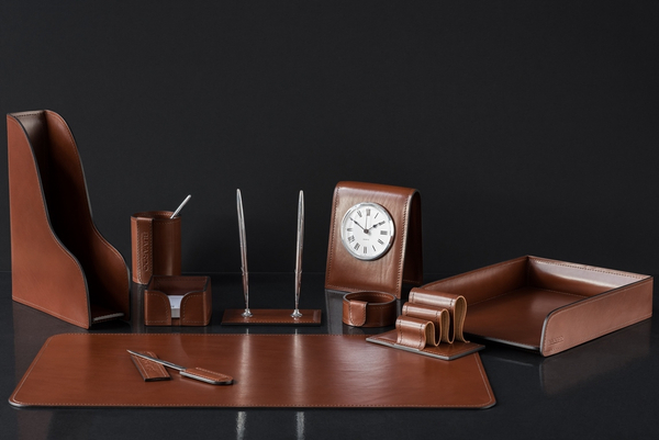 Настольный набор для рабочего стола 10 предметов из кожи Full Grain Toscana, Dk.Таn