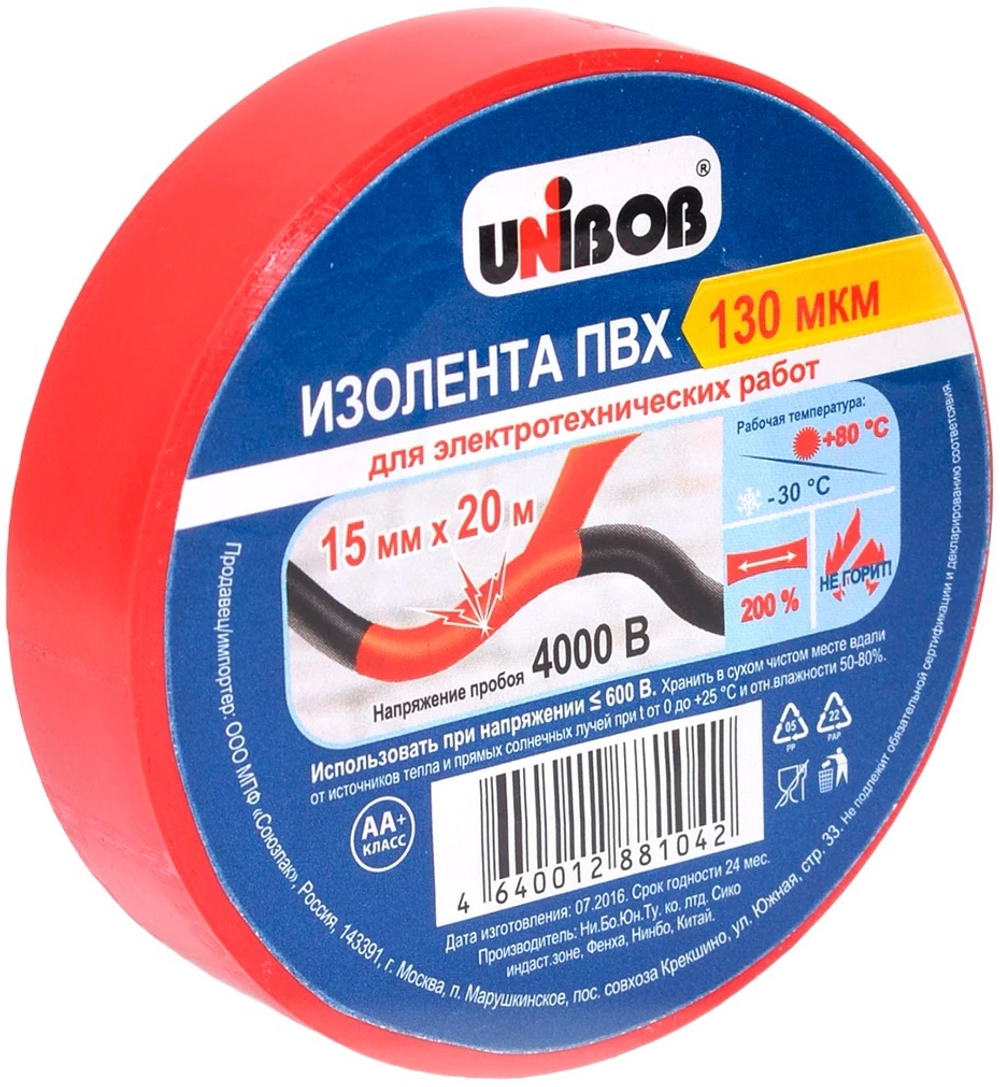 Изолента электроизоляционная 19мм*20м 150мкм UNIBOB красная