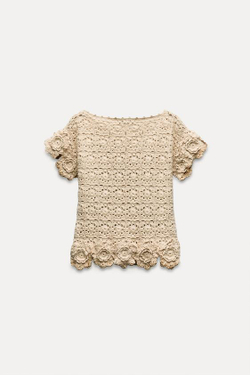 ZARA ТОП ИЗ КРУЖЕВА КРОШЕ С ЦВЕТОЧНЫМ УЗОРОМ, ЭКРЮ