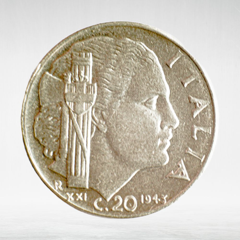 Italy 20 Centesimi 1943 R "Head of Italy with Fasces – Victor Emmanuel III", XF