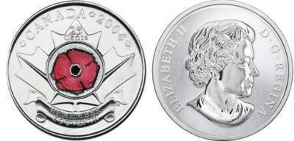 Канада. 25 центов. 2004. Мак. 90 лет начала 1-й мировой войны. Цветная. UNC