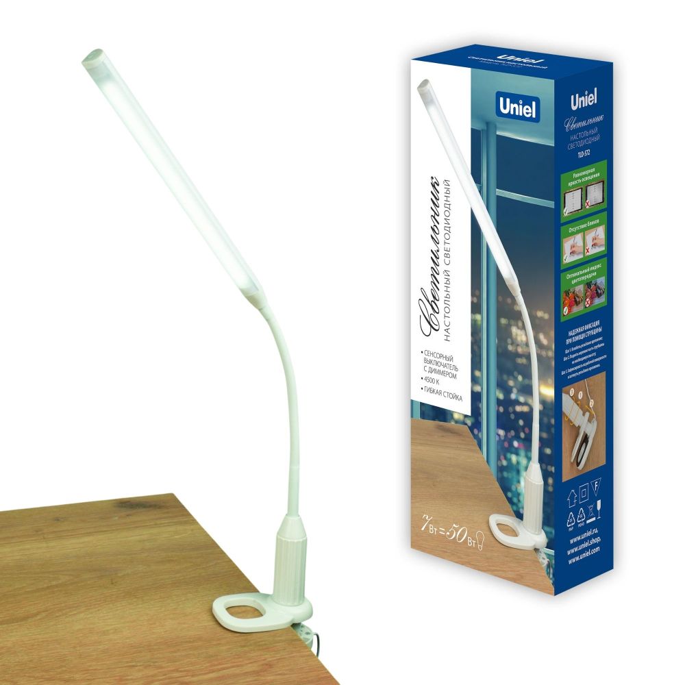 TLD-572 White-LED-500Lm-4500K-Dimmer Светильник настольный светодиодный на струбцине. 7W. Сенсорный выключатель. Диммер. Белый. ТМ Uniel