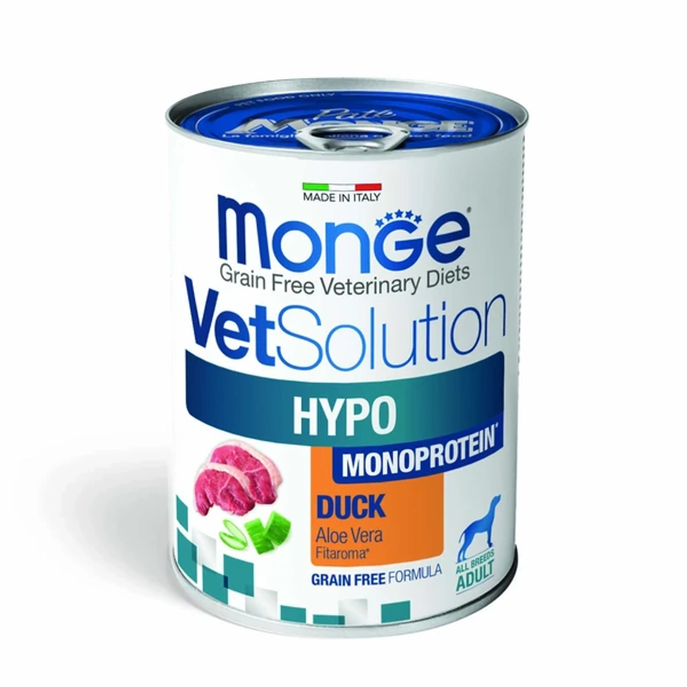 Влажный корм диетический Monge VetSolution Dog Hypo Monoprotein DUCK Гипо монопротеин с уткой для собак для снижения реакции пищевой непереносимости 400гр - 12 шт