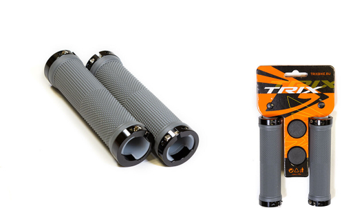Грипсы TRIX, резиновые, 130мм, алюминиевые фиксаторы на руль черные - 4шт., с заглушками руля, серые