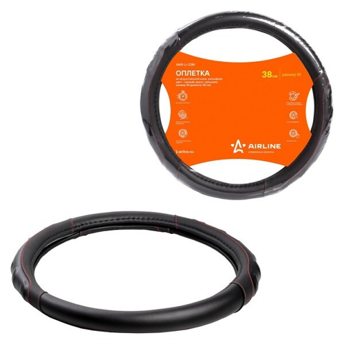 Оплетка руля M 37-38 см иск. кожа, рельефная, черная, красн. прошивка (AIRLINE)