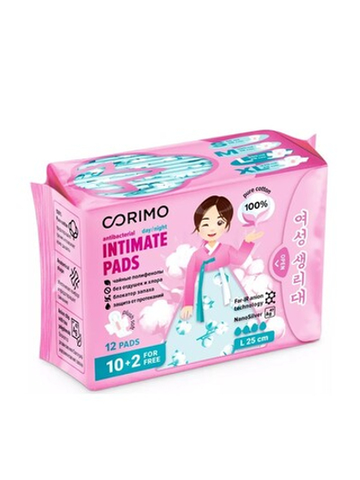 [CORIMO] Прокладки женские гигиенические ХЛОПОК L-25сm анатомической формы, 12шт
