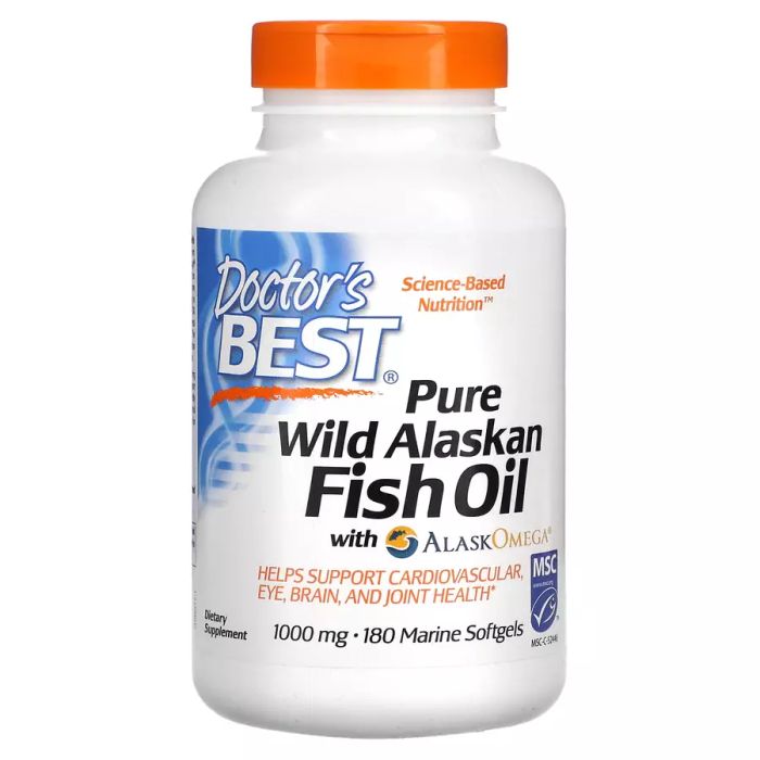 Чистый рыбий жир из дикой рыбы Аляски с AlaskOmega 1000 мг, Pure Wild Alaskan Fish Oil with AlaskOmega 1000 mg, Doctor&#39;s Best, 180 морских капсул