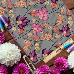 Ткань дюспо резные яркие цветы и листья на сером фоне
