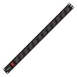 Блок розеток вертикальный ExeGate ServerPro PDU-V120 Al-12S-EU2.5-SW (19", 1U, Алюминий, кабель с евровилкой VDE-250V-16A-3*1.5mm2, 2.3 метра, выкл. с подсветкой, черный, RTL)