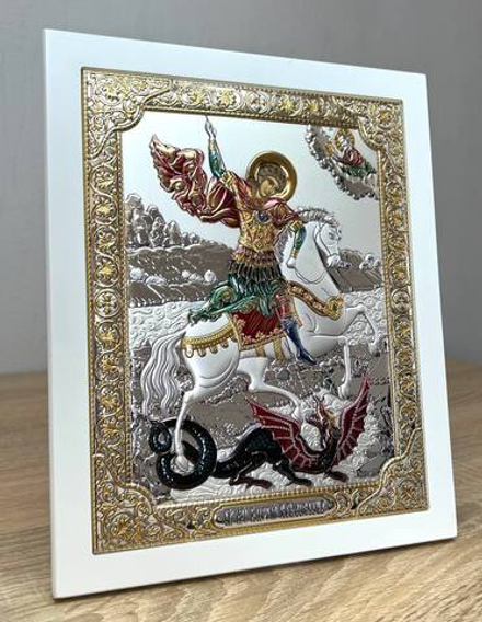 Георгий Победоносец, икона прямоугольная с рамкой, белое дерево, эмаль 210х260