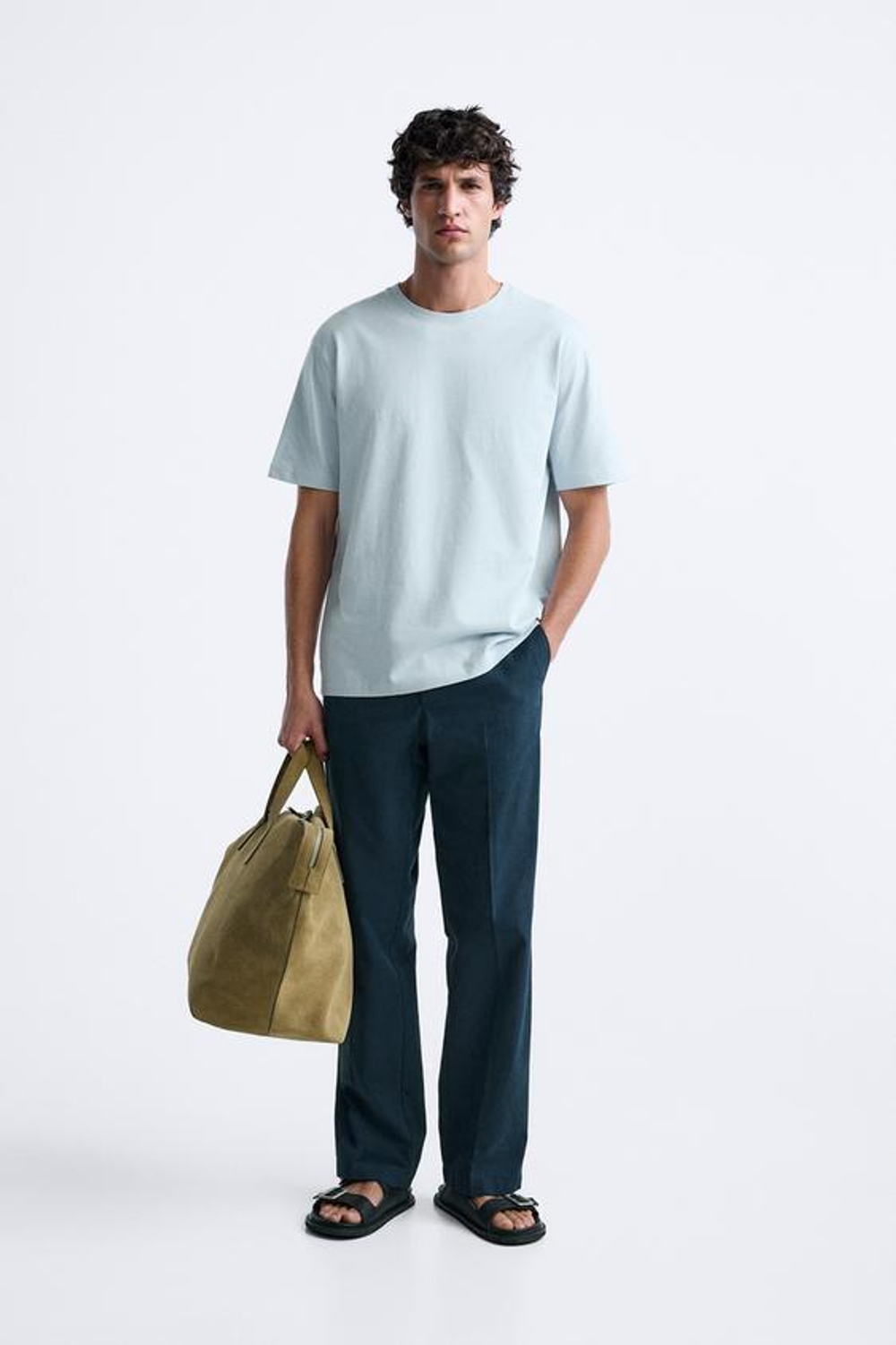 ZARA БАЗОВАЯ ФУТБОЛКА MEDIUM WEIGHT, ГОЛУБОЙ