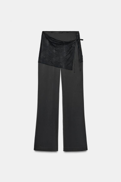 ZARA АТЛАСНЫЕ БРЮКИ С КРУЖЕВНЫМ ПАРЕО, ЧЕРНЫЙ