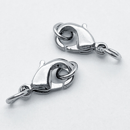 Замок-карабин с колечками, цвет серебро (родий), размер замка 12 мм, цена за 1 шт