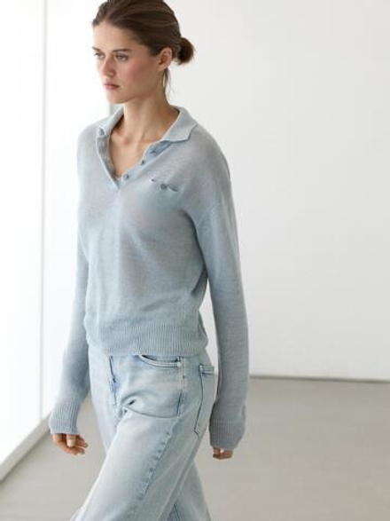 Massimo Dutti Тонкий свитер изо льна с воротником поло, выцветший синий