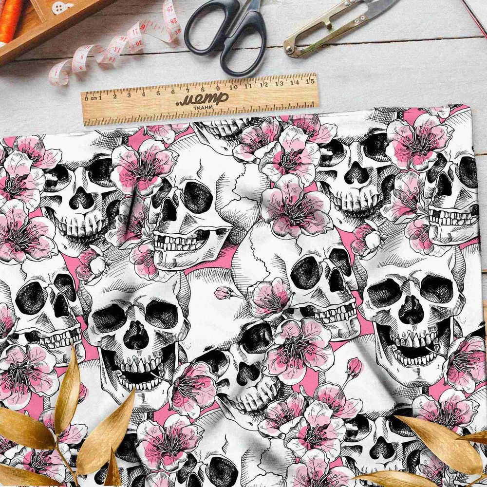 Ткань шифон розовые черепа