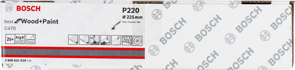 Шлифовальная бумага BOSCH C470, K220, 225 мм, 9 отв, 25 шт 2608621039