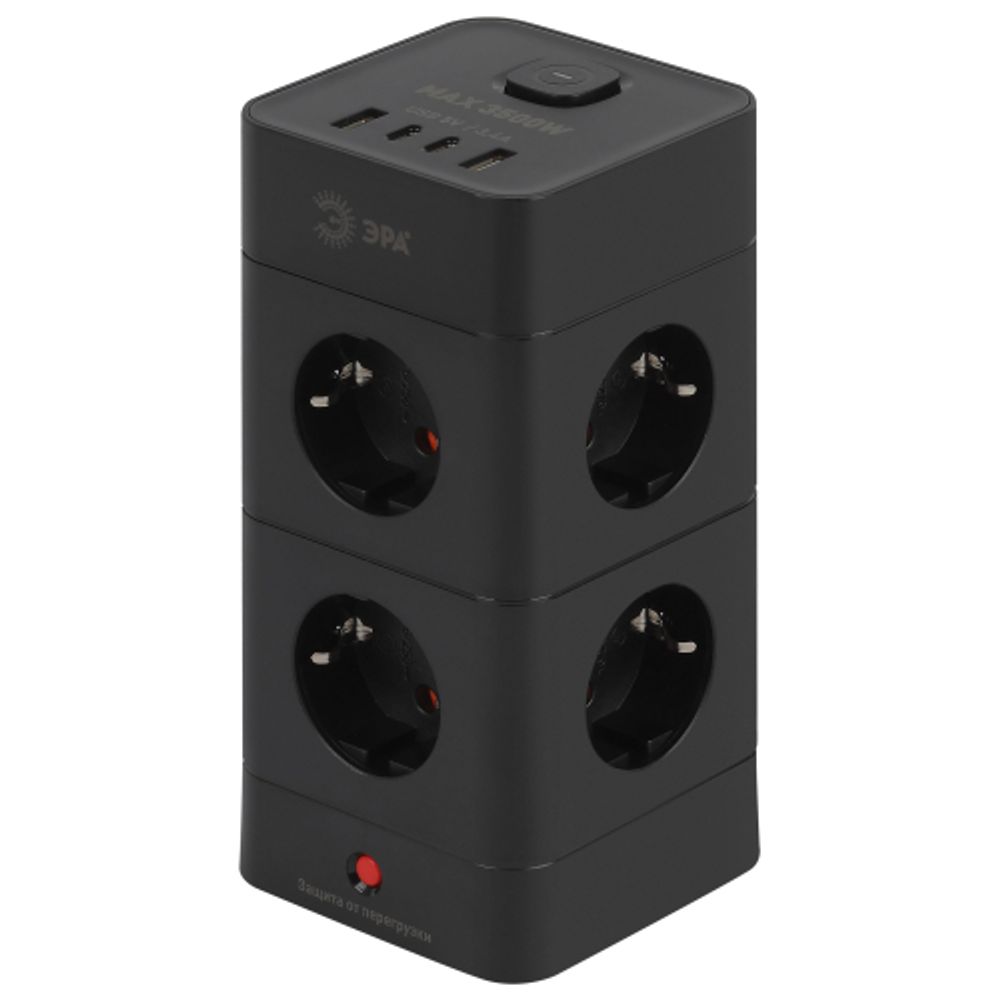 Сетевой фильтр ЭРА TWR-8es-1,5m-4USB-B башня с защитой заземлением с выключателем 8 розеток+4xUSBA+C 1,5м 16А черный | Сетевые фильтры