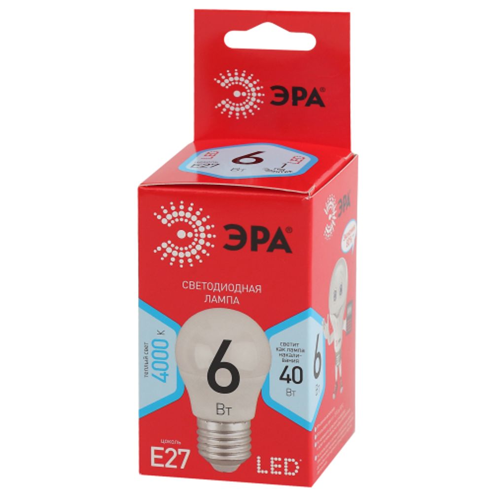 Лампочка светодиодная ЭРА RED LINE ECO LED P45-6W-840-E27 E27 / Е27 6Вт шар нейтральный белый свет | Лампы cветодиодные Шар (G/P)