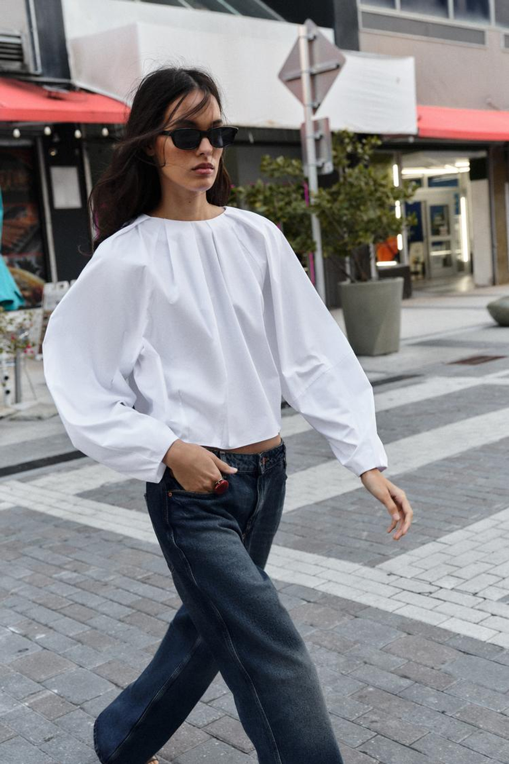 ZARA РУБАШКА ИЗ ПОПЛИНА С РУКАВАМИ-БУФАМИ, БЕЛЫЙ