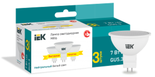 Лампа светодиодная MR16 софит 7Вт 230В 4000К GU5,3 (3шт/упак) IEK