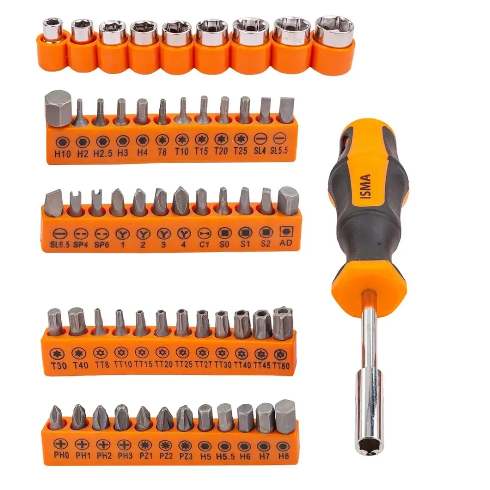 Отвертка в комплекте с битами и головками 1/4'' набор 58 пр. ISMA ISMA-515058