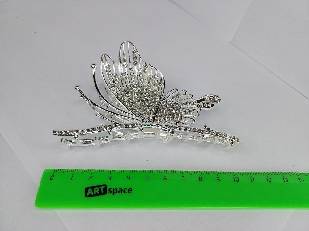 Заколка для волос "Бабочка", усиленная, с декором из страз, серебристый цвет