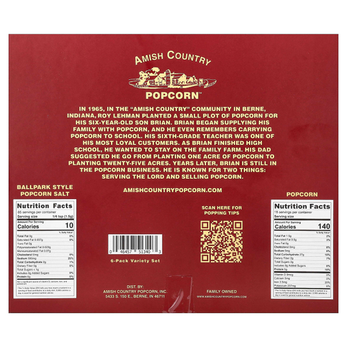 Amish Country Popcorn, набор ассорти попкорна с шейкером и солью для попкорна, 7 шт.